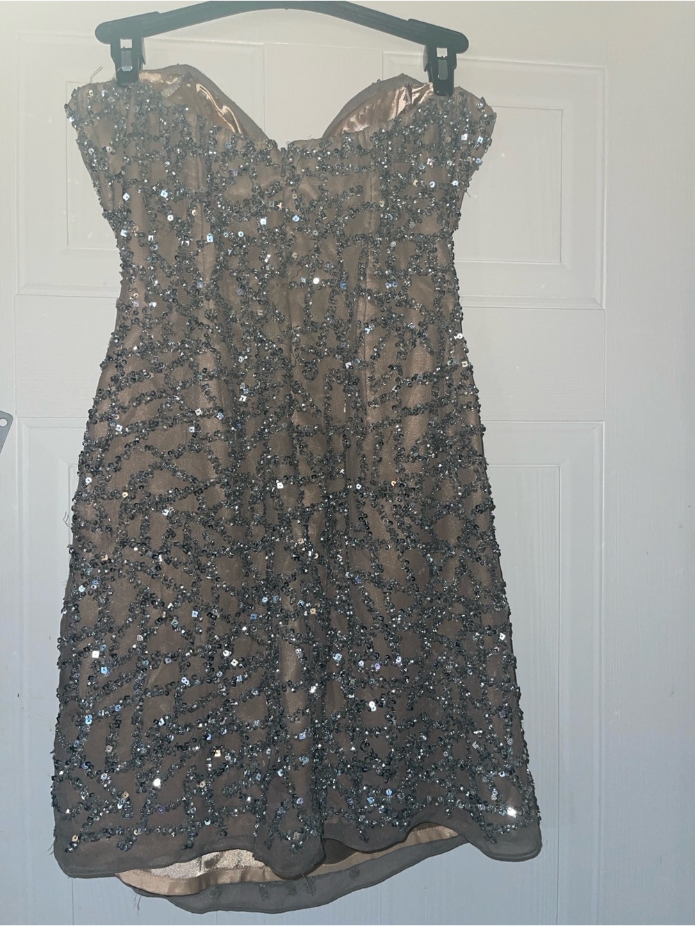 Scala Strapless Nude Dress with Silver Sequin Embellishment